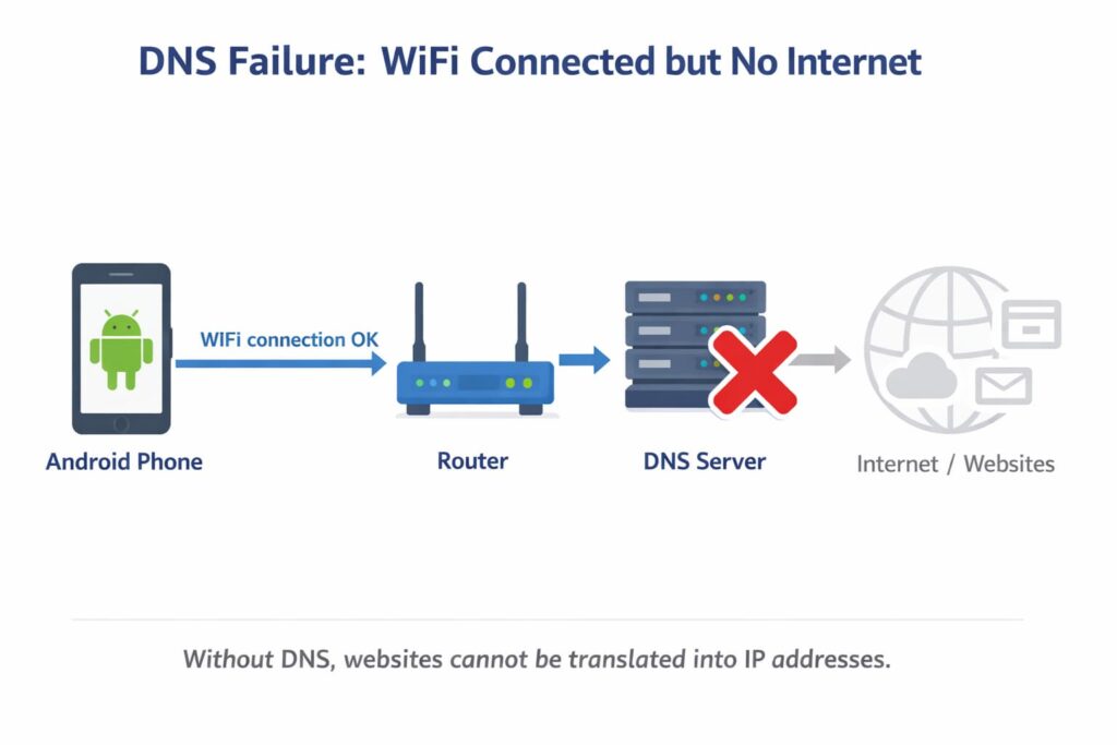 Diagram showing Android phone connected to router but DNS server failing which causes WiFi connected but no internet.
