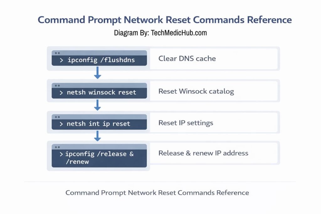 A quick-reference table of Windows Command Prompt (CMD) network reset commands, including ipconfig flushdns, netsh winsock reset, netsh int ip reset, and ipconfig release/renew with brief descriptions.