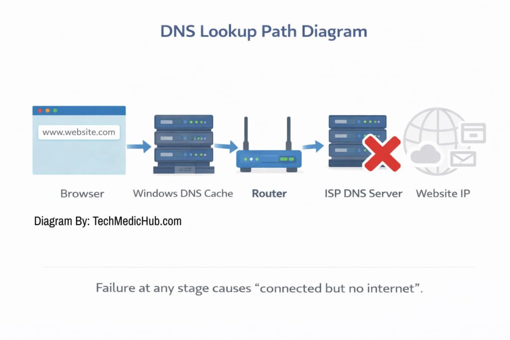 A visual path of a DNS request starting from a web browser, moving through the Windows DNS cache, the router, and the ISP DNS server to reach a website IP address, illustrating where "no internet" failures occur.