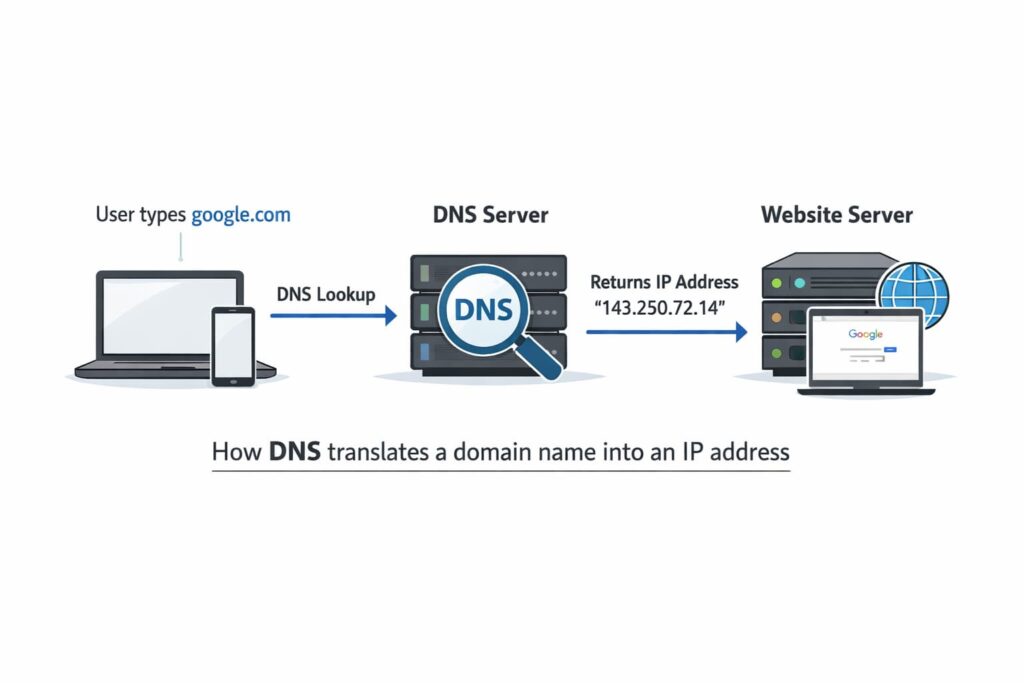 Diagram explaining how DNS works when a user types a website domain and the DNS server returns the IP address.