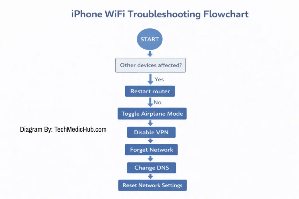 A comprehensive troubleshooting flowchart for iPhone WiFi issues. Steps include toggling Airplane Mode, disabling VPNs, forgetting the WiFi network, and performing a network settings reset.
