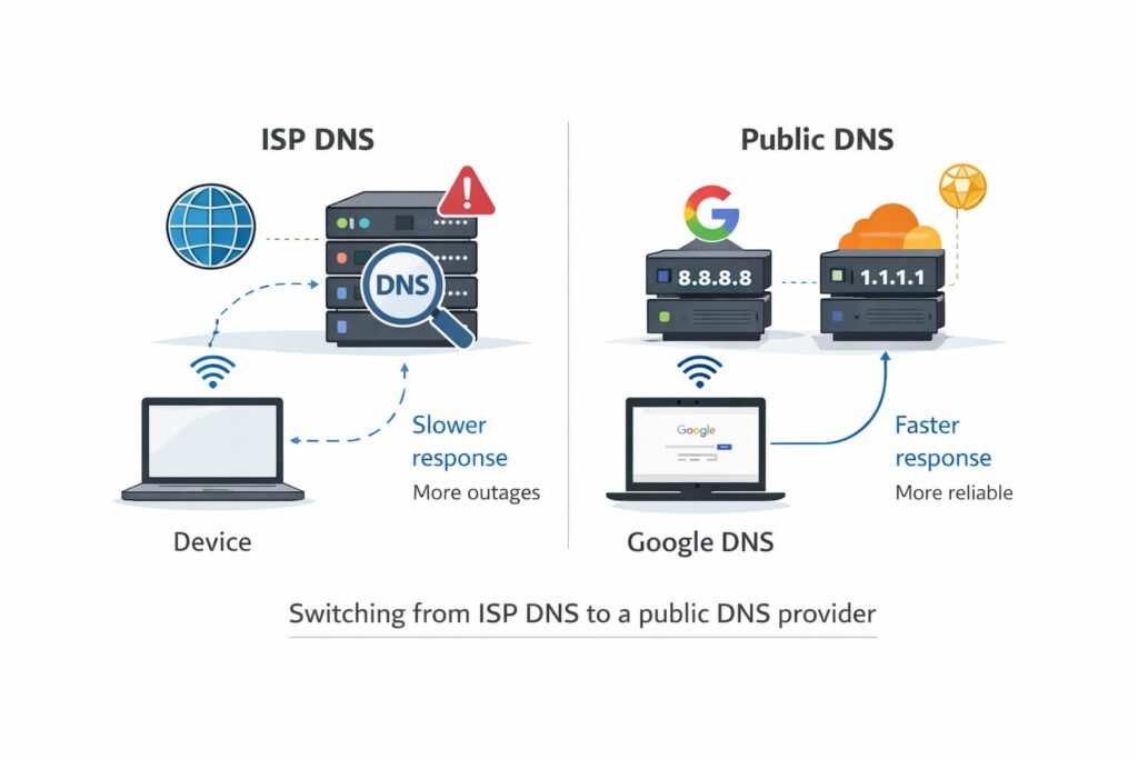 Infographic comparing ISP DNS servers with public DNS providers like Google DNS 8.8.8.8 and Cloudflare 1.1.1.1.