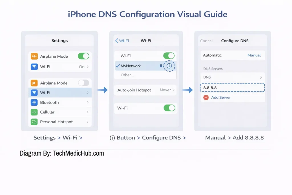 A three-step visual guide for changing DNS on iPhone: selecting the WiFi network info button, choosing "Configure DNS," and manually adding the 8.8.8.8 IP address.