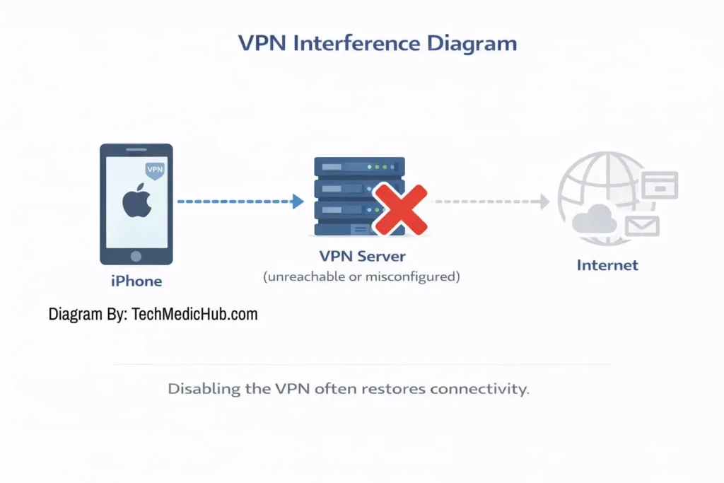 A technical diagram showing an iPhone attempting to connect to the internet through a VPN. A red X on the VPN server illustrates how a misconfigured tunnel blocks internet traffic despite a stable WiFi connection.