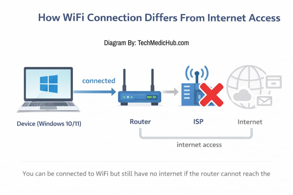 A diagram showing the difference between a local WiFi connection and global internet access. A device is linked to a router, which connects through an ISP to the internet, with a red X on the ISP path highlighting a connection break.