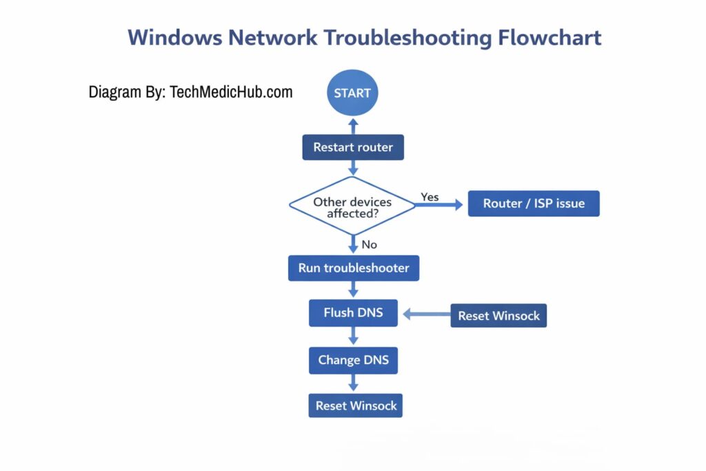 A step-by-step decision tree for fixing 'WiFi connected but no internet' on Windows. Steps include restarting the router, checking other devices, flushing DNS, changing DNS settings, and performing a network reset.